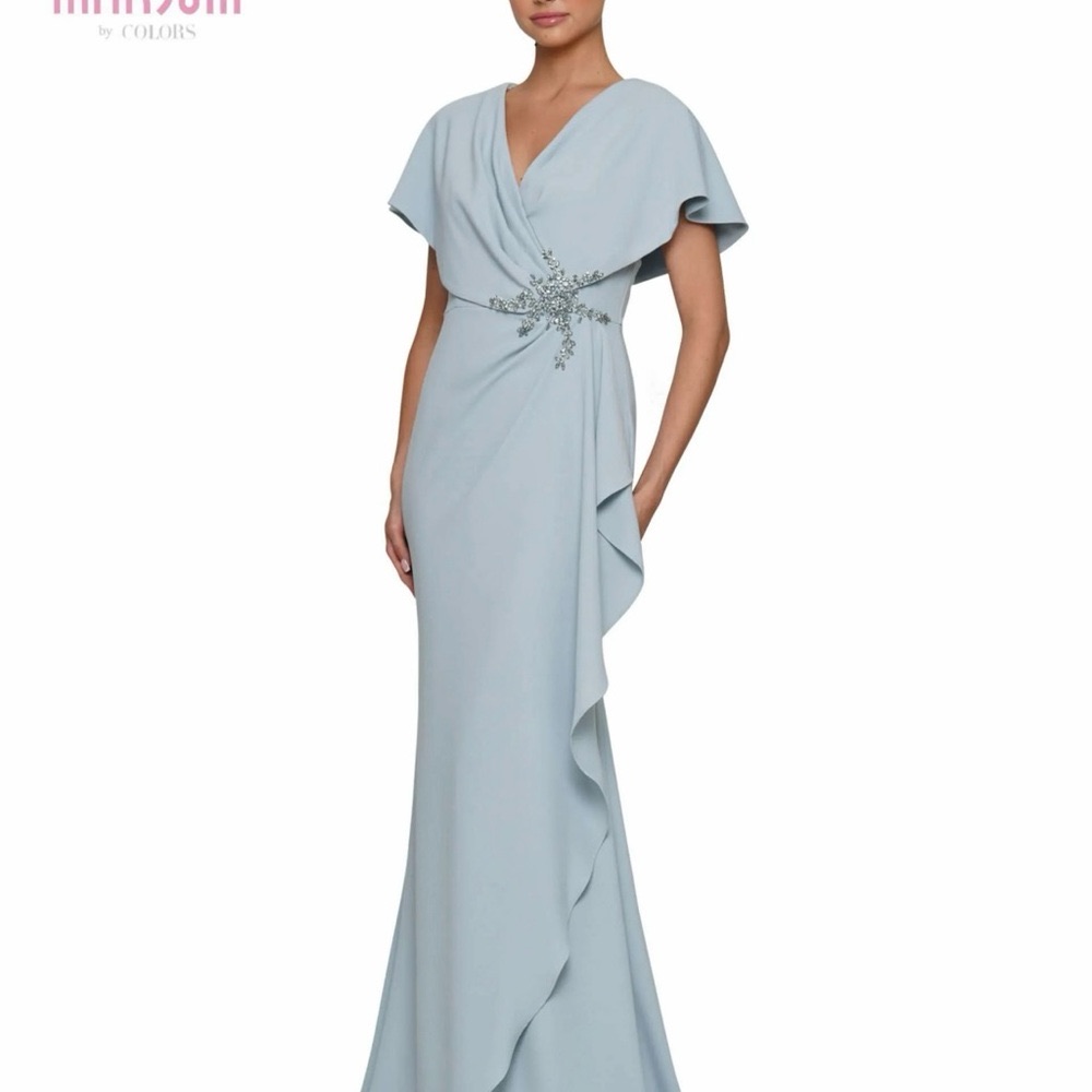 Elegant Blue Wrap Gown With Flutter Sleeves